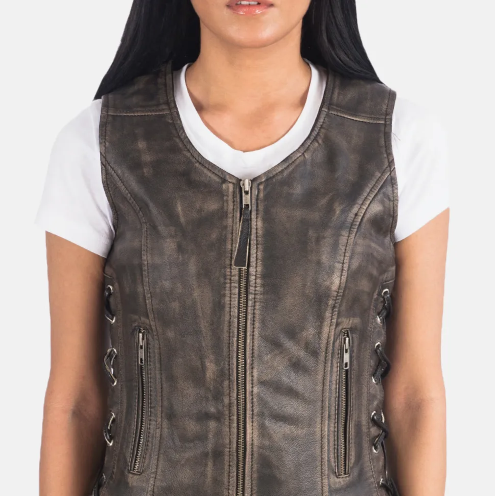 Vanda Distressed Brown Leather Biker Vest