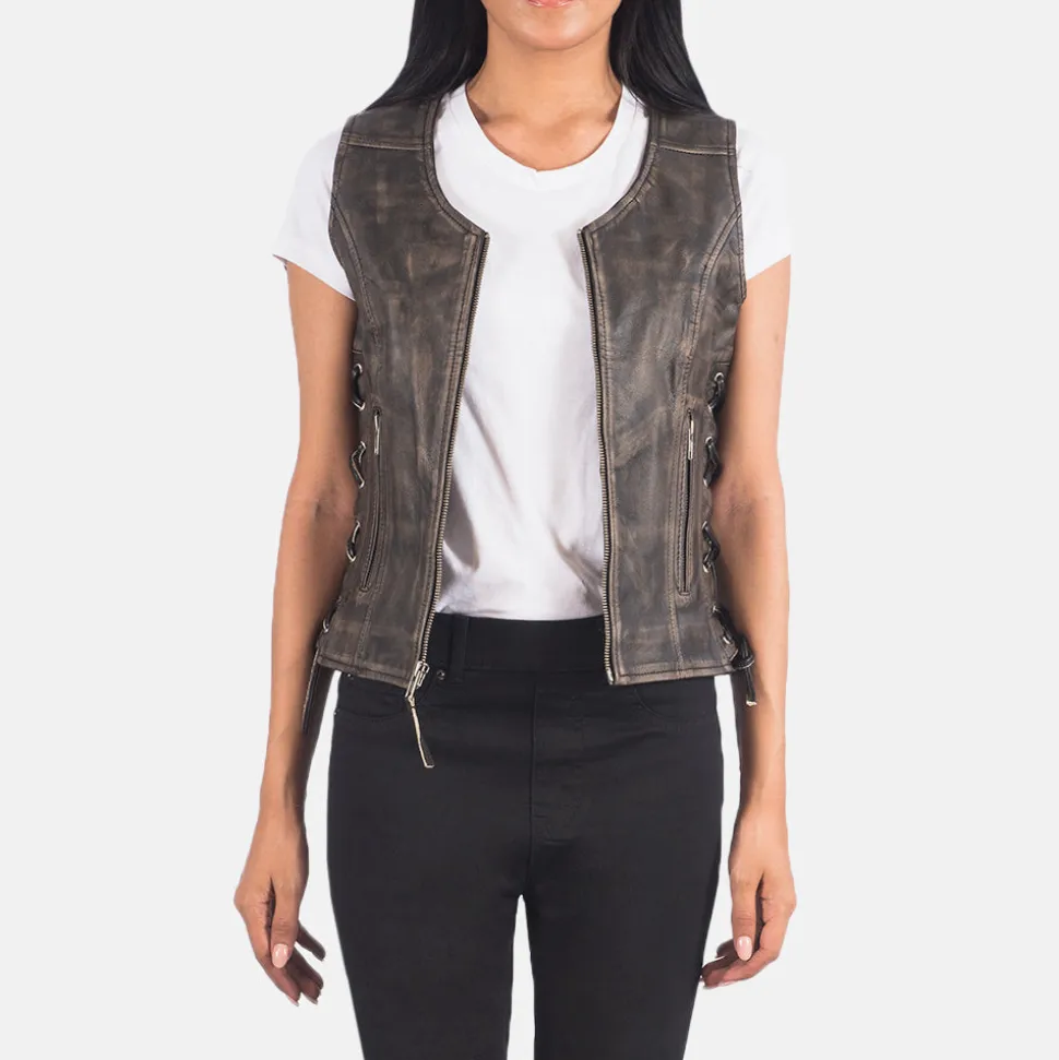 Vanda Distressed Brown Leather Biker Vest