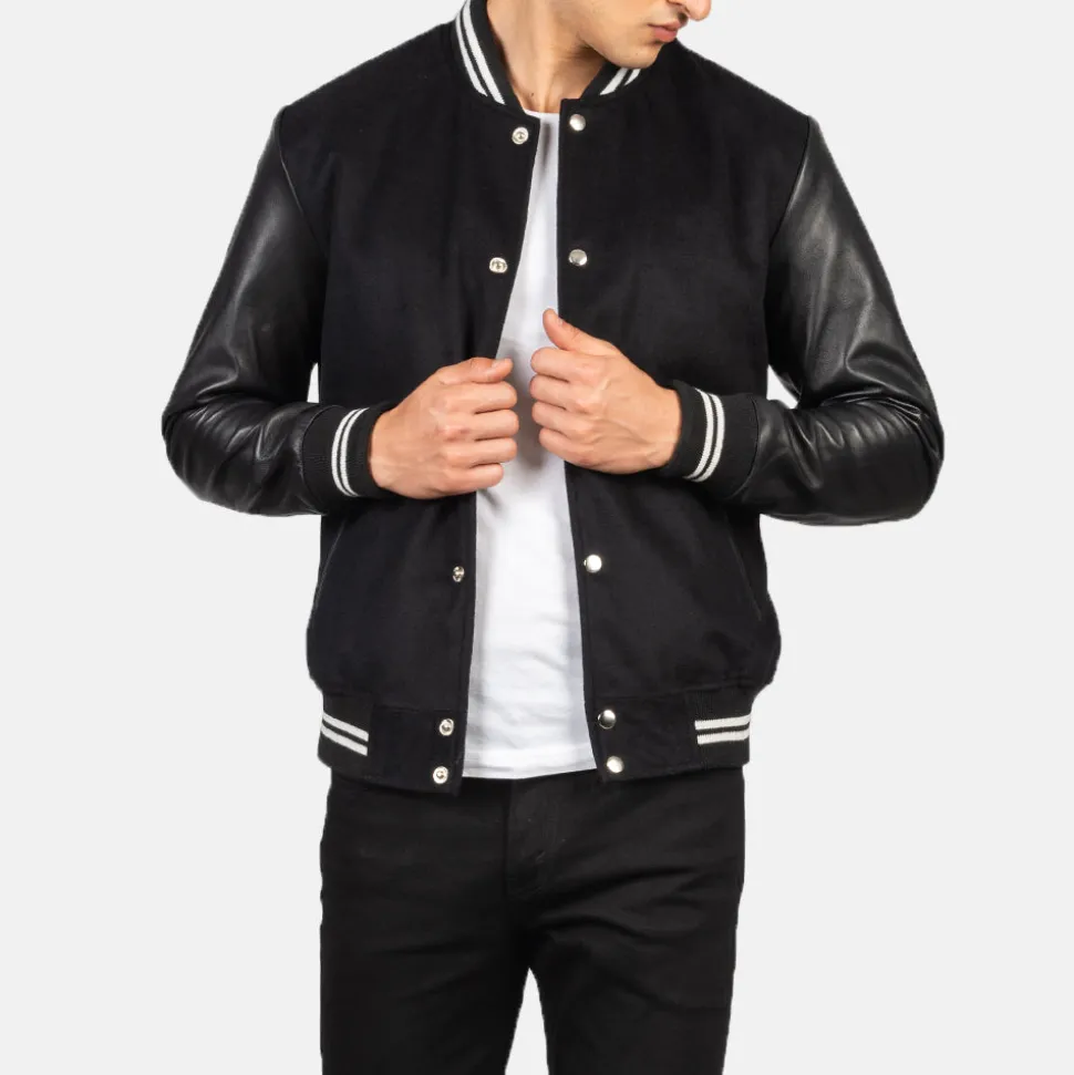 Vaxton Black Striped Hybrid Varsity Jacket