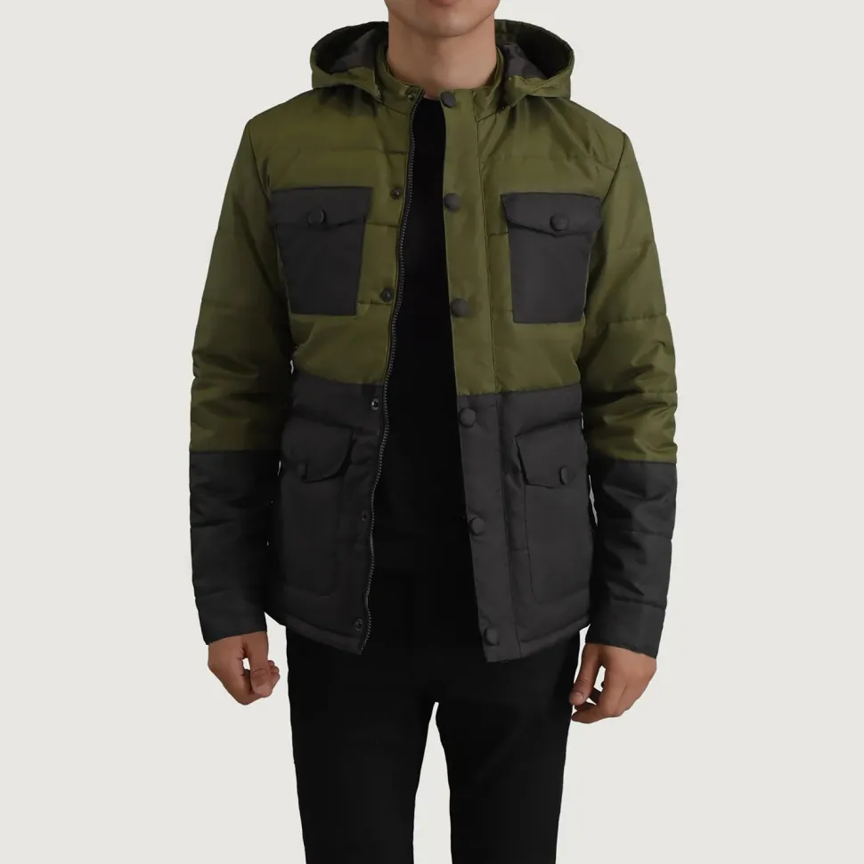 Wayne Black & Green Hooded Puffer Jacket