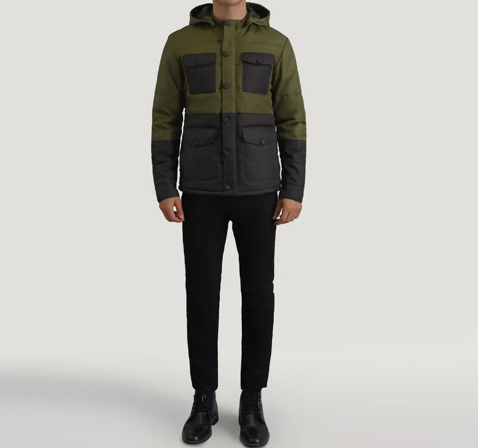 Wayne Black & Green Hooded Puffer Jacket