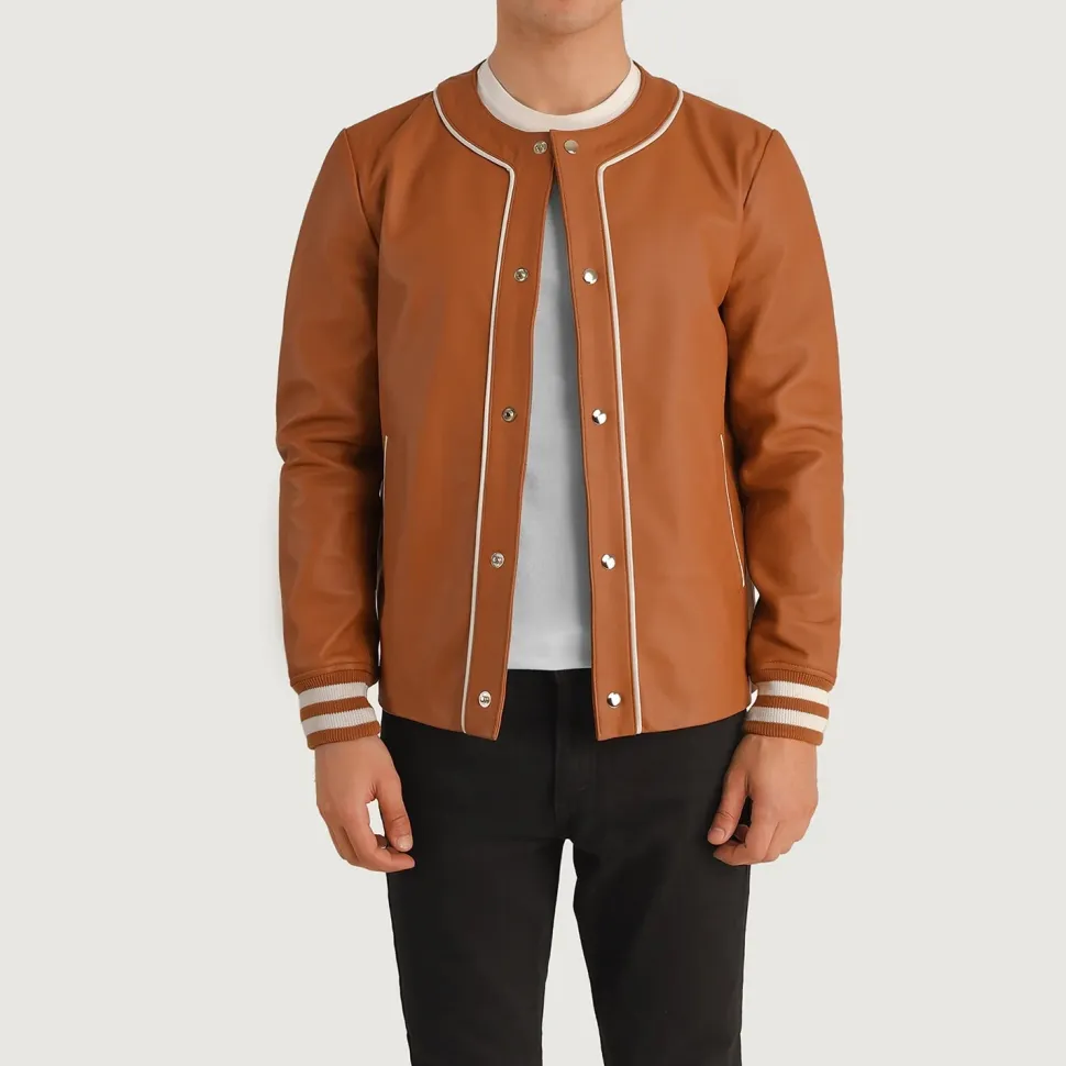 Willis Tan Brown Leather Varsity Jacket