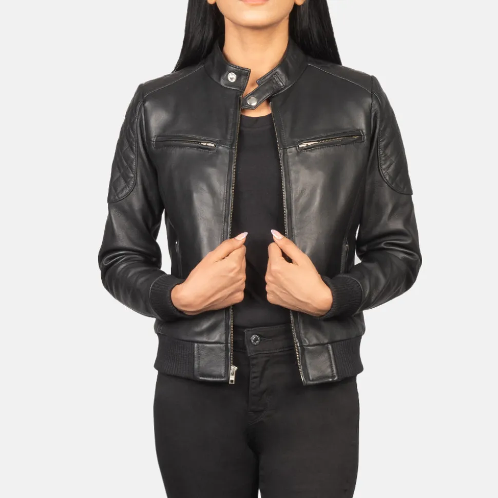 Zenna Black Leather Bomber Jacket