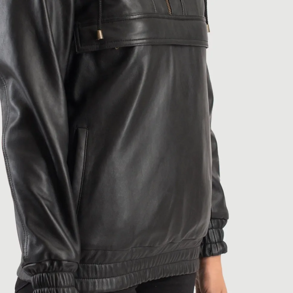 Zest Black Hooded Leather Pullover Jacket