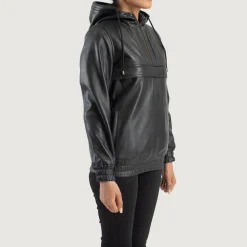 Zest Black Hooded Leather Pullover Jacket