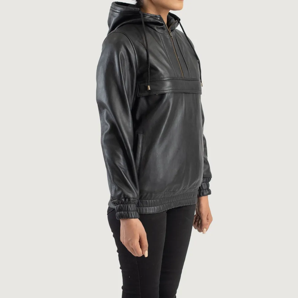 Zest Black Hooded Leather Pullover Jacket