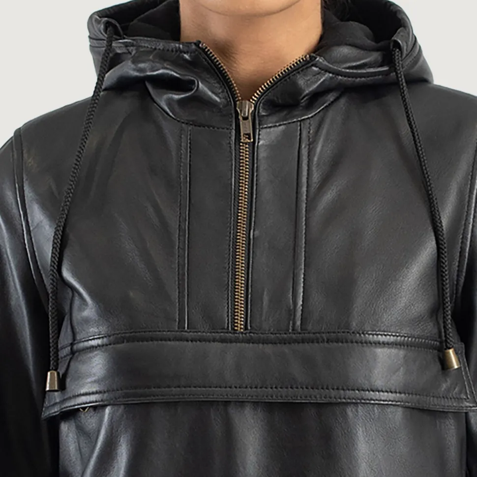 Zest Black Hooded Leather Pullover Jacket