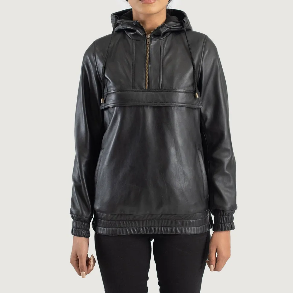 Zest Black Hooded Leather Pullover Jacket