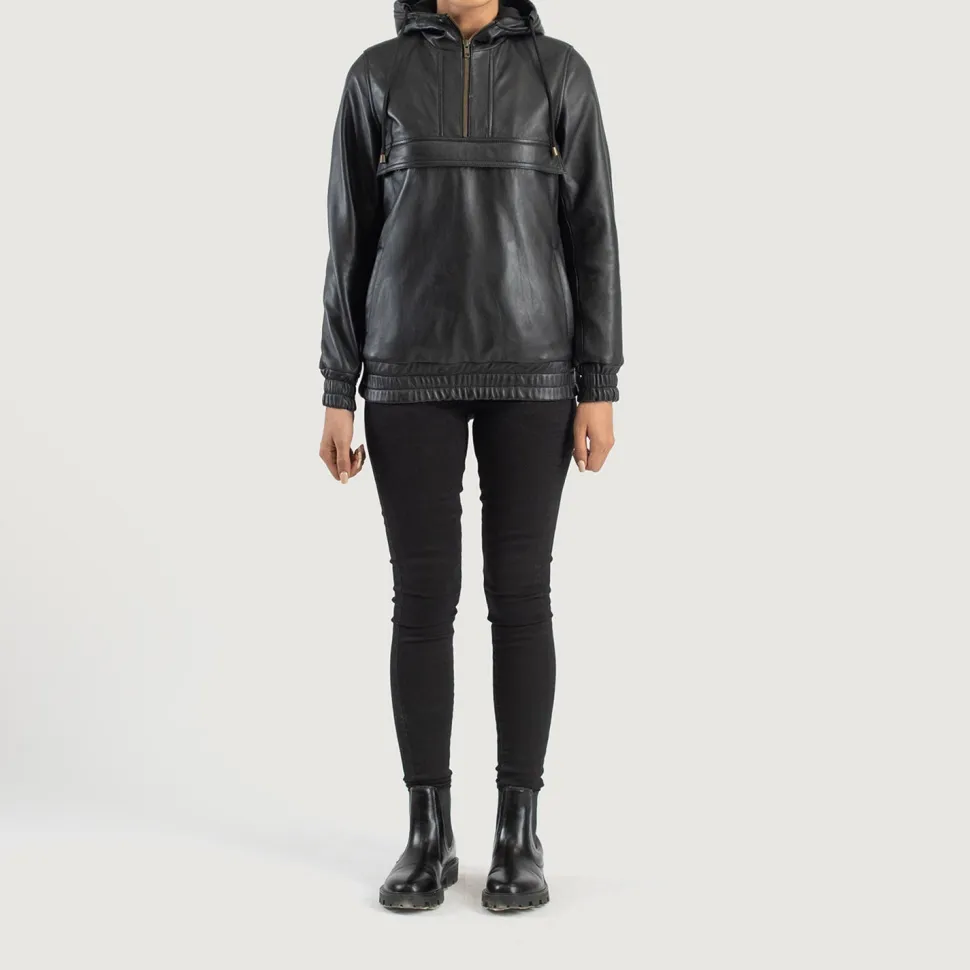 Zest Black Hooded Leather Pullover Jacket
