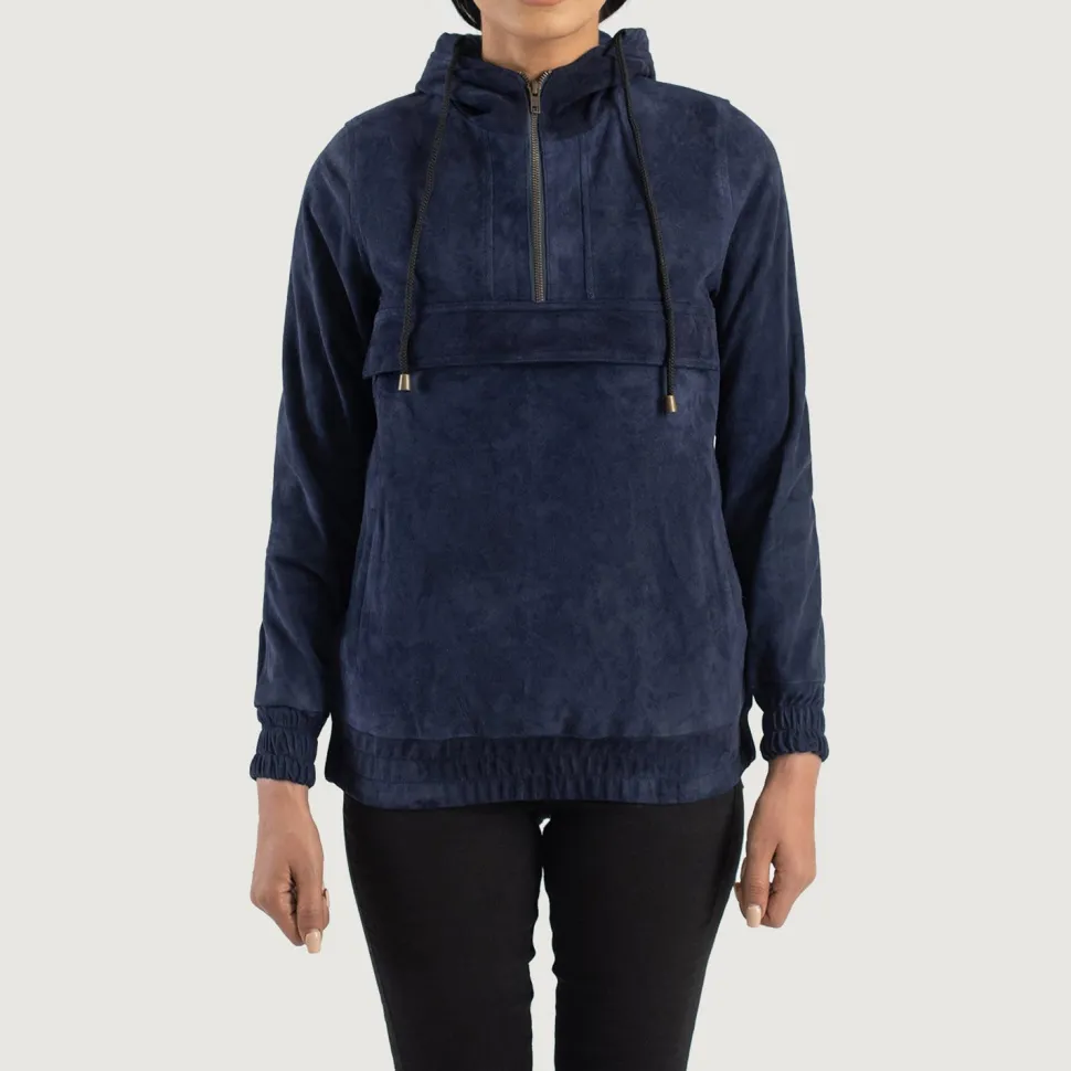 Zest Blue Hooded Suede Pullover Jacket