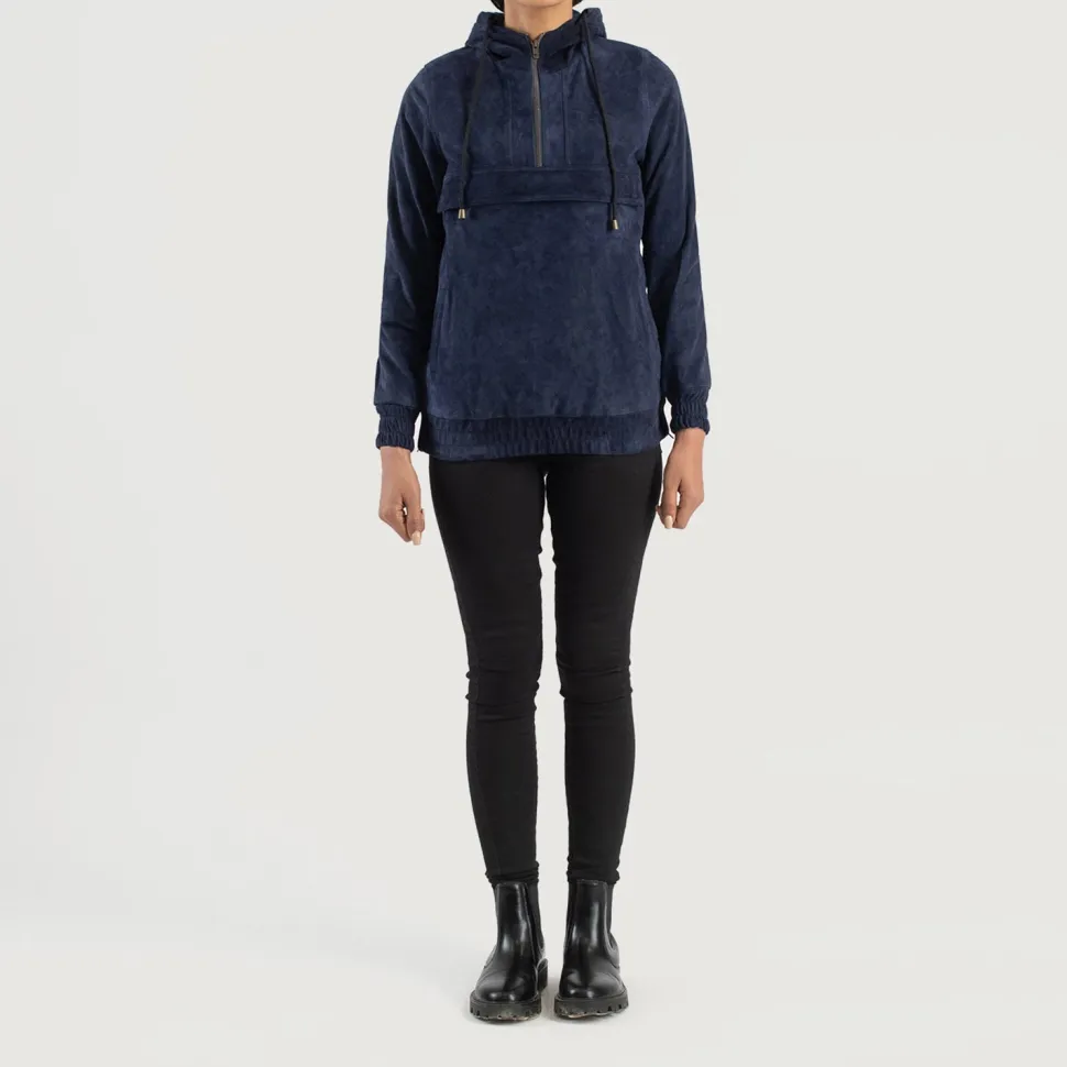 Zest Blue Hooded Suede Pullover Jacket